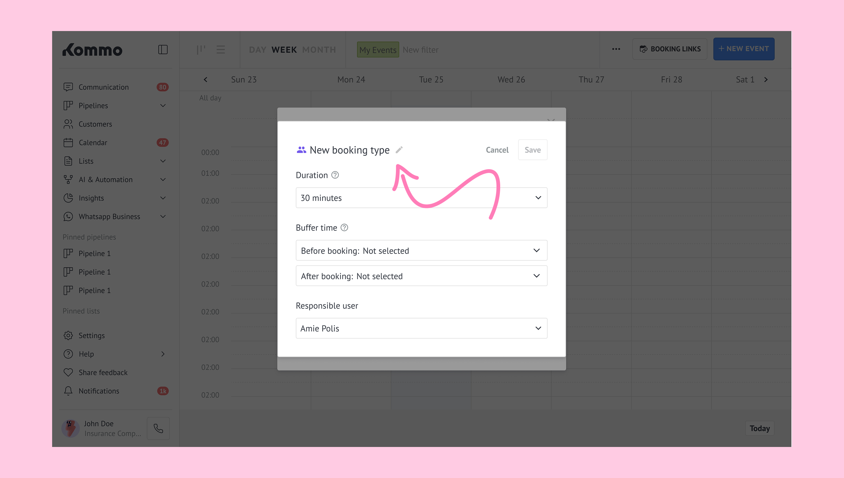 New booking type settings with duration, buffer time, and responsible user options displayed.